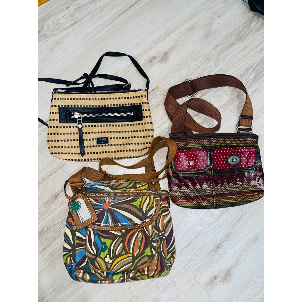 Lot of 3 Fossil Crossbody Bags Key-Per Floral Coated Canvas Straw Woven Purse
